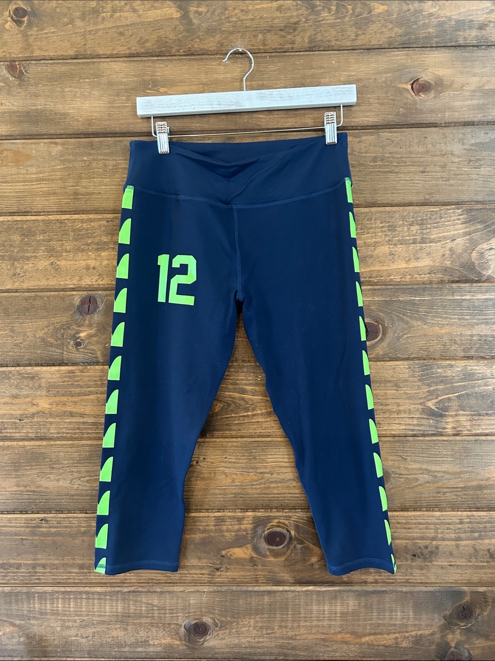 Nike Navy Capri Leggings with Neon Green Side Chevron and Seahawks 12' Graphic